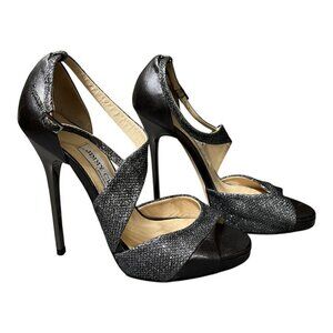 Jimmy Choo Tyne Anthractive Asymmetrical Gunmetal Glitter Heel Sandals